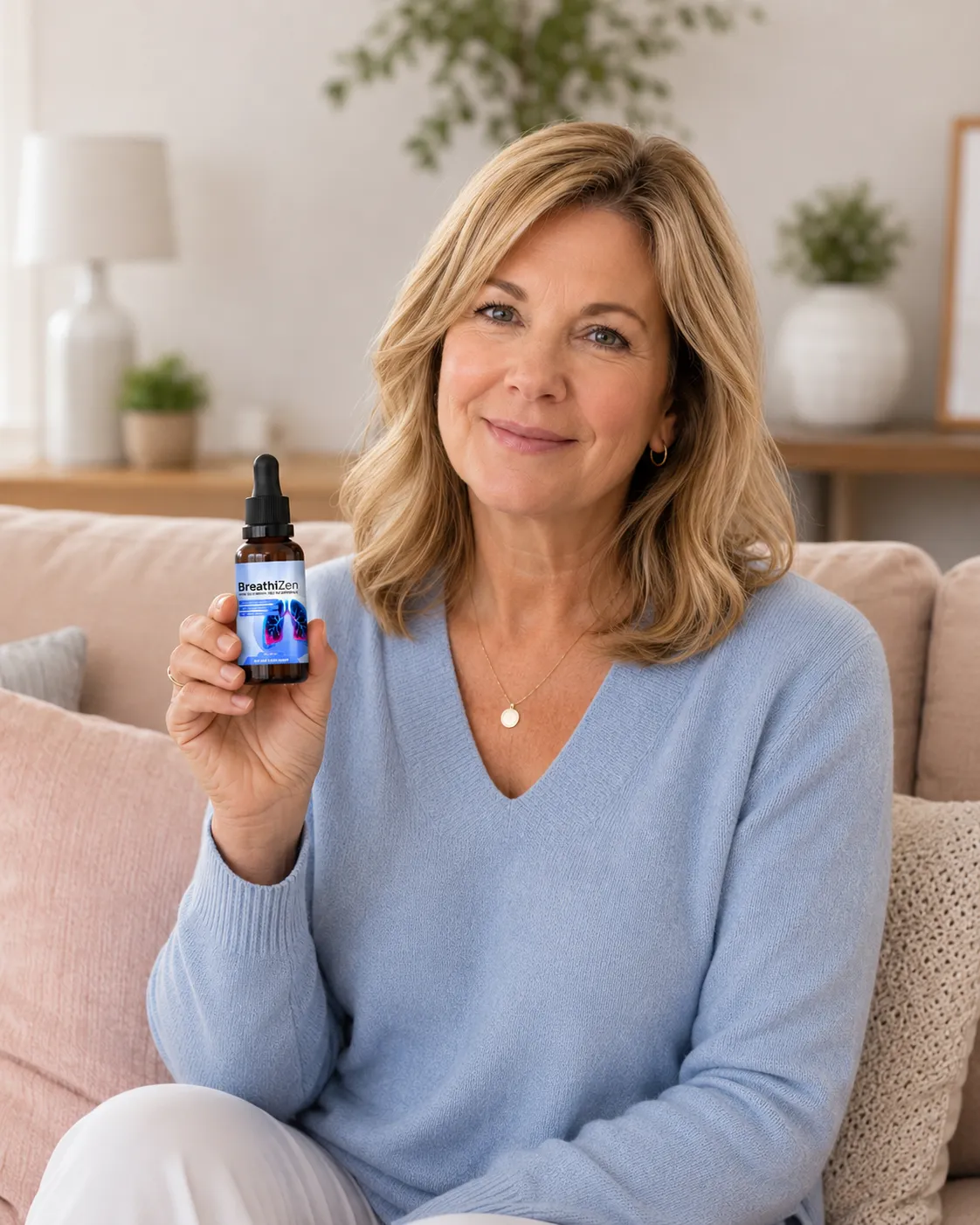 Satisfied Breathizen customer holding bottle in a bright living room