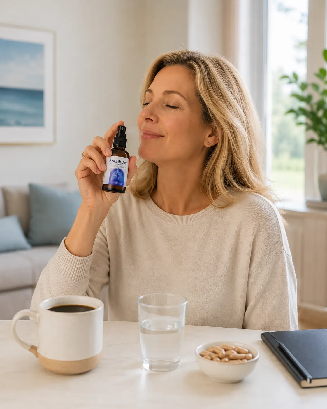 Woman using Breathizen spray as part of her calm morning routine alongside coffee and supplements